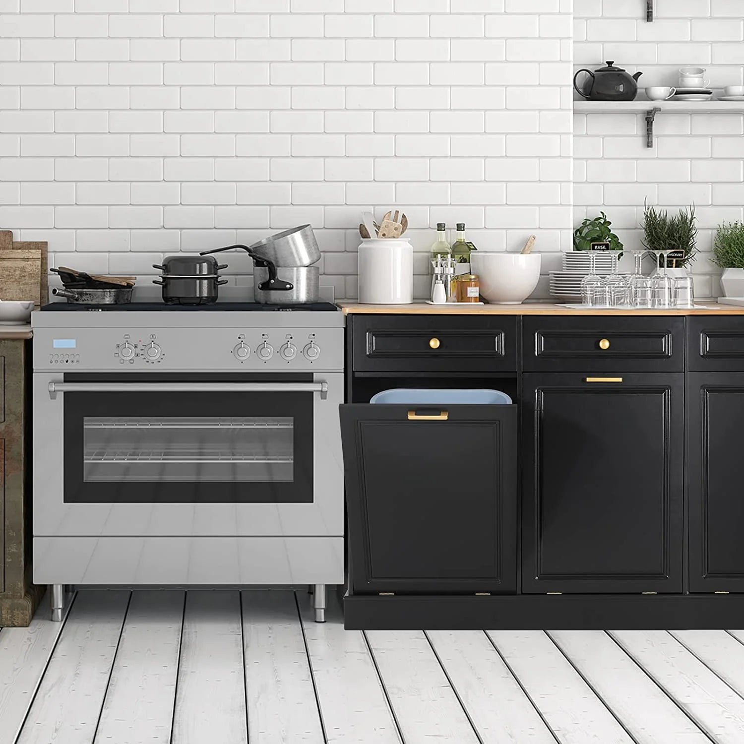 GEROBOOM Double Tilt Out Kitchen Trash Cabinet with Drawer, Black Z980653