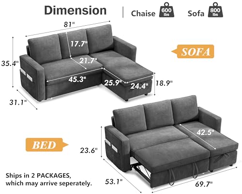 81" L Shaped Sleeper Sofa Bed with Pull Out Chaise, Chenille Grey L3419
