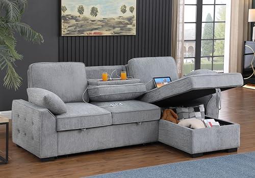 L-Shaped Pull Out Sleep Sofabed with Storage Chaise, Chenille Upholstered X30892