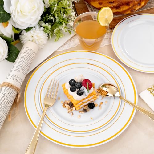 bUCLA 300PCS Gold Disposable Dinnerware Set - White and Gold Plastic Plates for Party S185