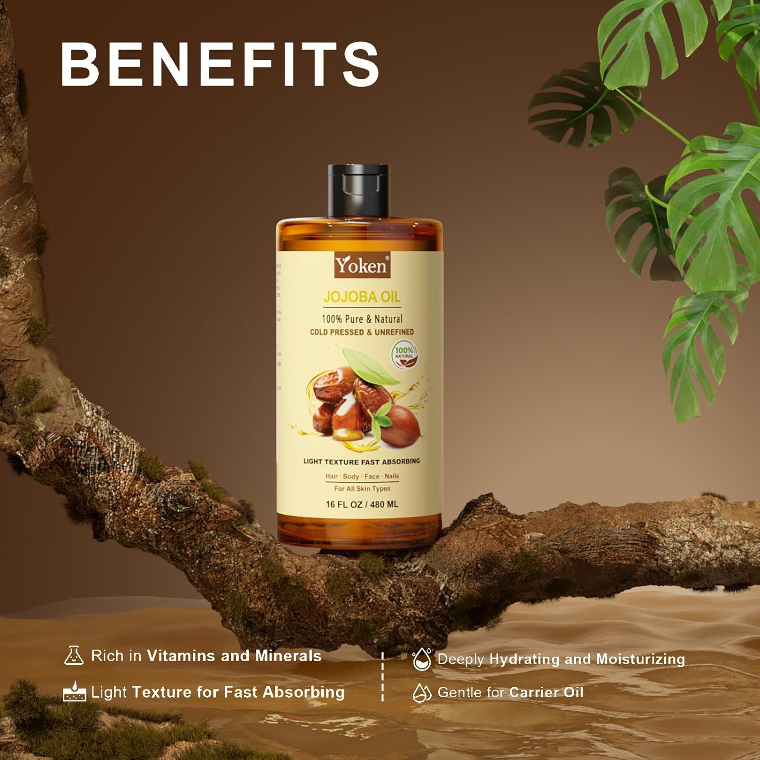 Yoken Jojoba Oil & Castor Oil Glass Bottle Set 16oz, 100% Pure & Natural, Cold Pressed X89977