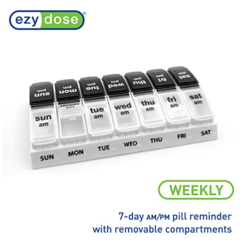 EZY DOSE Weekly 7-Day AM/PM Pill Case, Large Pop-Out Compartments, Black and Clear Lids O323