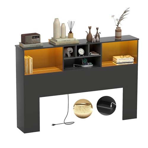 King Size Bed Headboard with LED Light and Storage Bookcase H72493