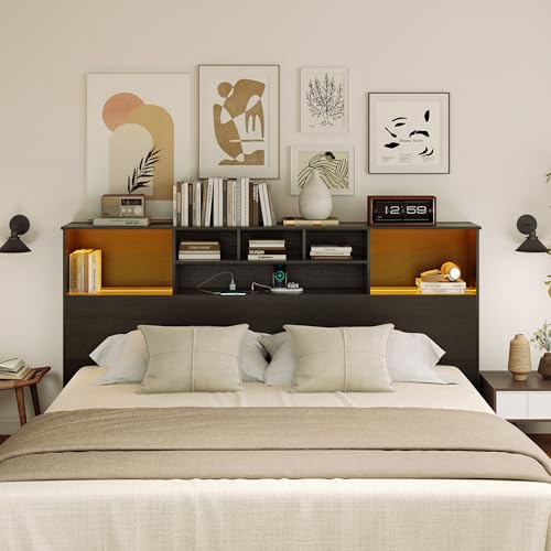 King Size Bed Headboard with LED Light and Storage Bookcase H72493