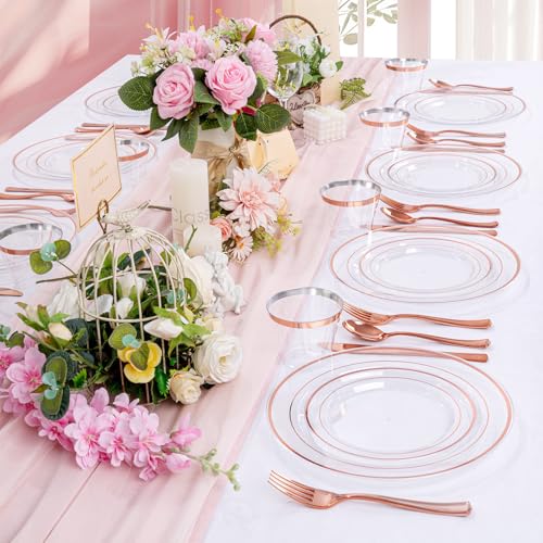 bUCLA 300PCS Gold Disposable Dinnerware Set - White and Gold Plastic Plates for Party S185
