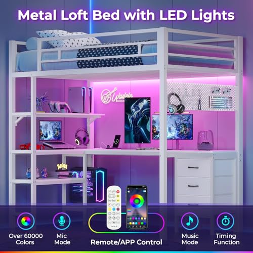ADORNEVE Twin Size Metal Loft Bed with L-Shaped Desk, LED Lights, Charging Station S614727