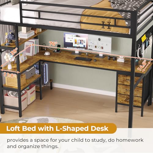 ADORNEVE Twin Size Metal Loft Bed with L-Shaped Desk, LED Lights, Charging Station S614727