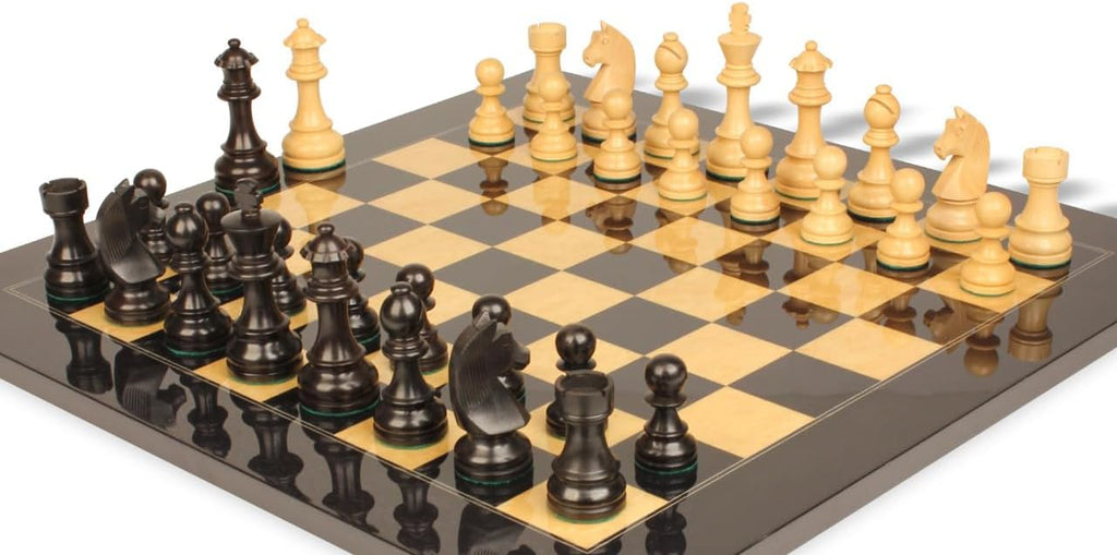 German Knight Staunton Chess Set Ebonized & Boxwood Pieces with Ash Burl Board - 3.75" King H98214