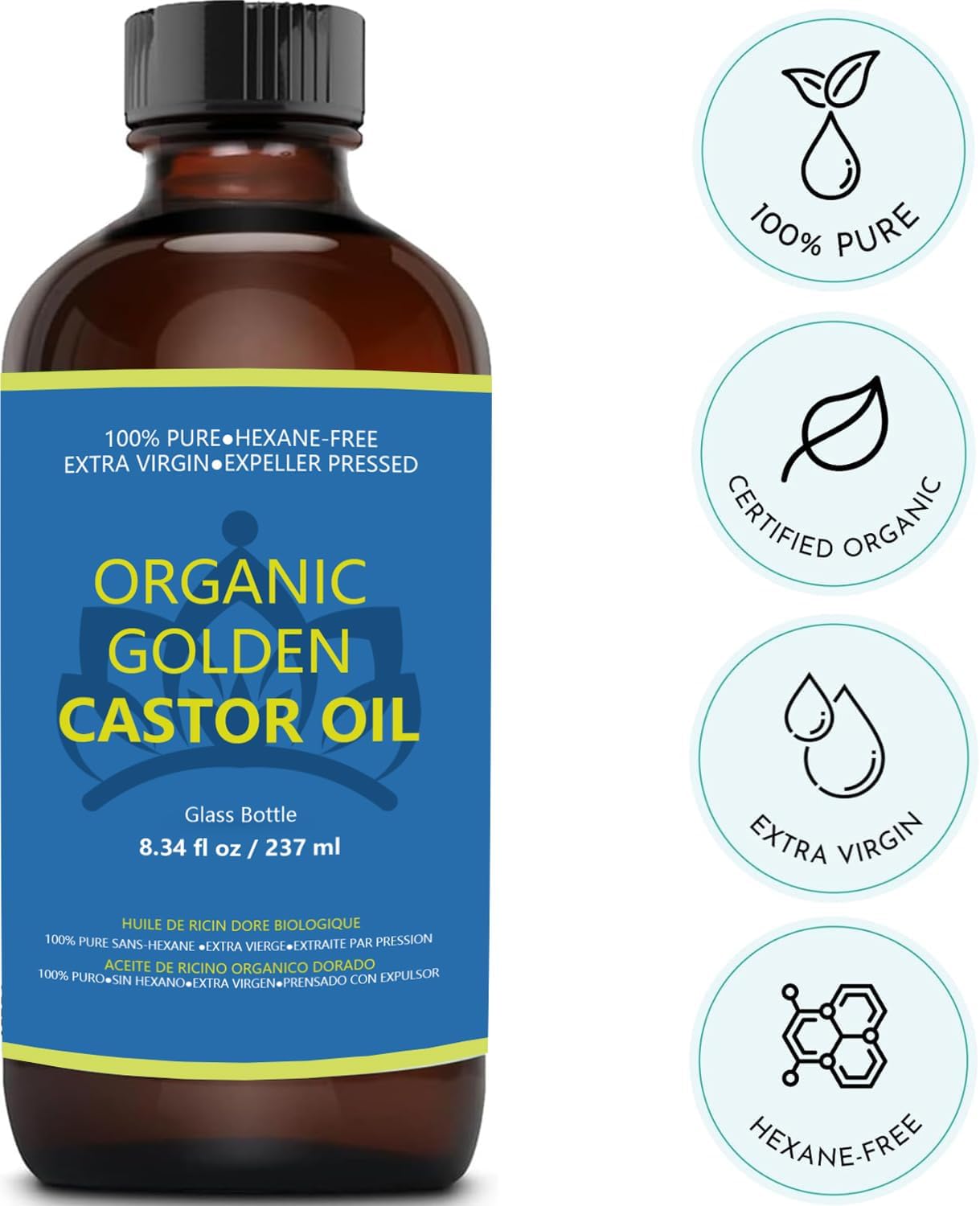 Castor Oil Pack for Liver Kit, Organic Cold Pressed Unrefined, Glass Bottle 8fl oz, 20 Self-Adhesive Wraps O20290