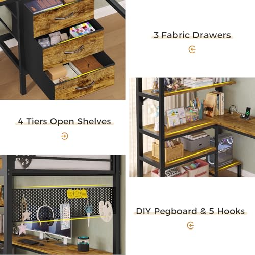 ADORNEVE Twin Size Metal Loft Bed with L-Shaped Desk, LED Lights, Charging Station S614727