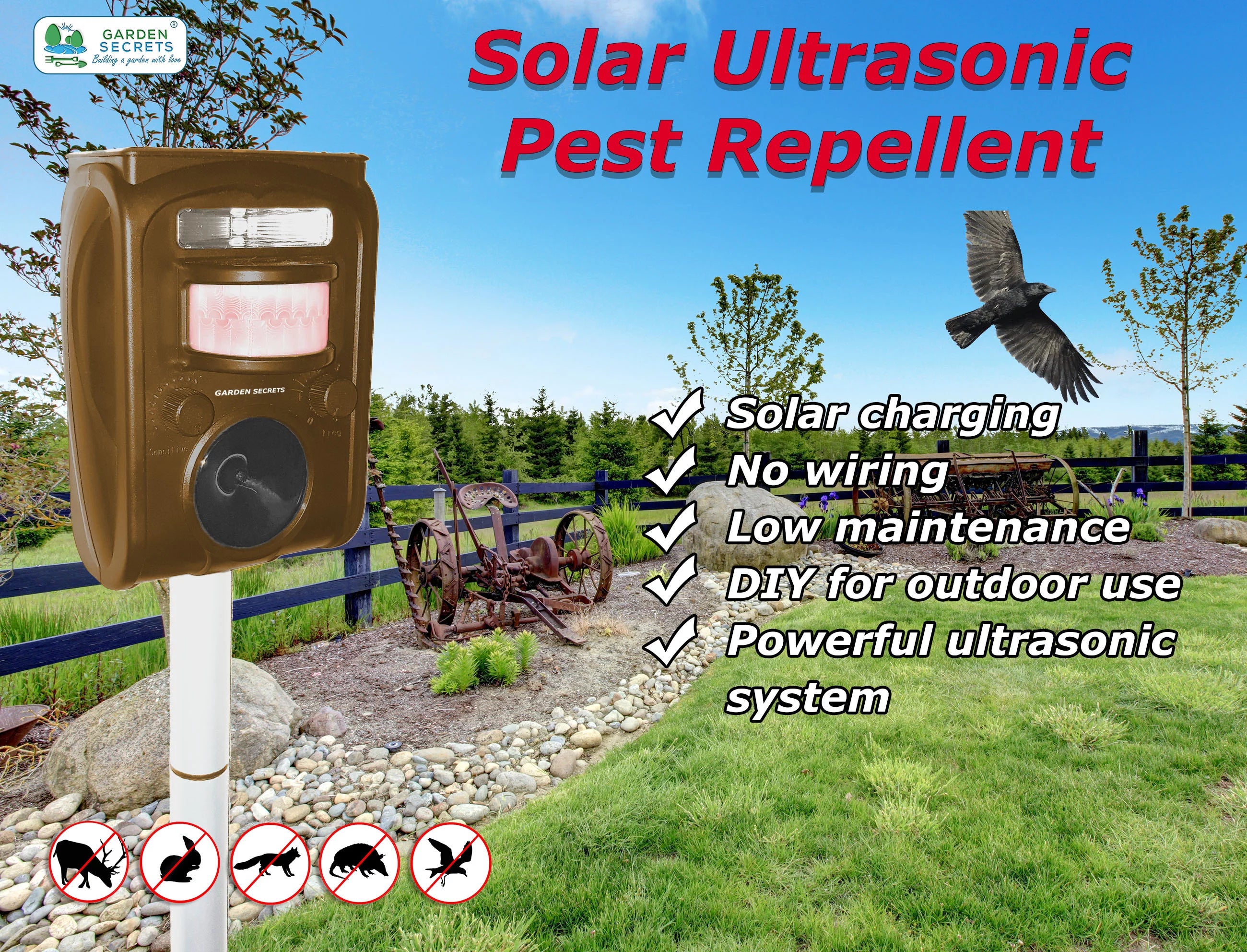GARDEN SECRETS® Compact Solar Ultrasonic Animal Repellent M97580