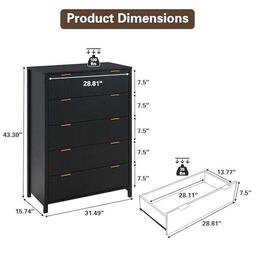 Fluted 5 Drawers Dresser for Bedroom, Wooden Tall Storage, Walnut L1075