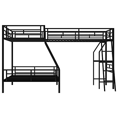 SOFTSEA Heavy Duty Metal Triple Bunk Bed with Desk, Twin Over Full, Black U92410