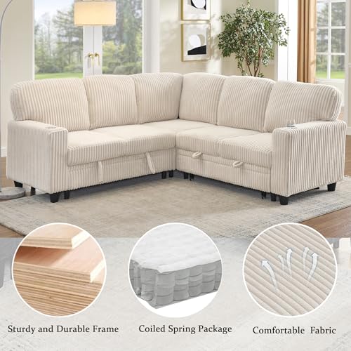 L-Shaped Pull Out Sleep Sofabed with Storage Chaise, Chenille Upholstered X30892