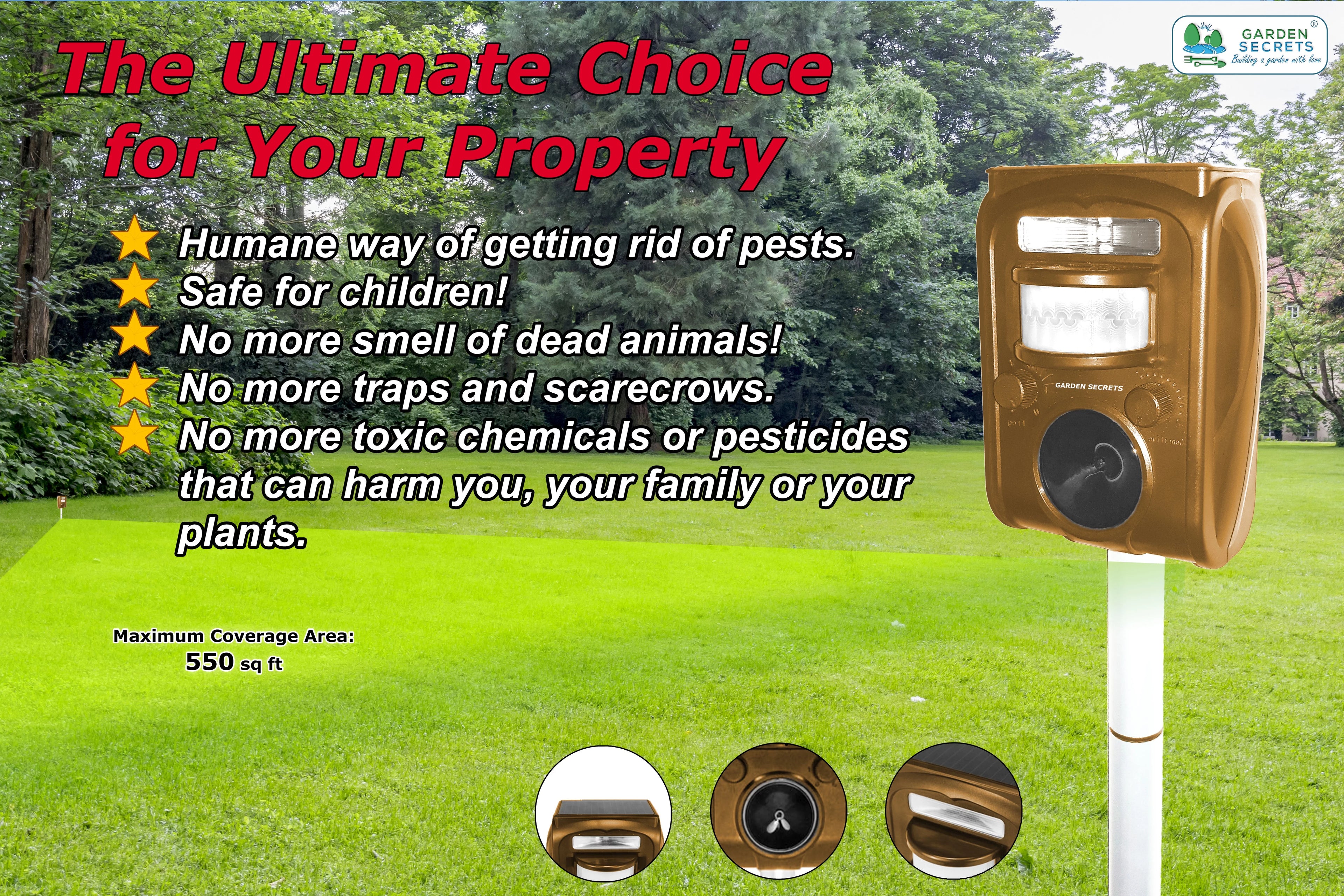 GARDEN SECRETS® Compact Solar Ultrasonic Animal Repellent M97580