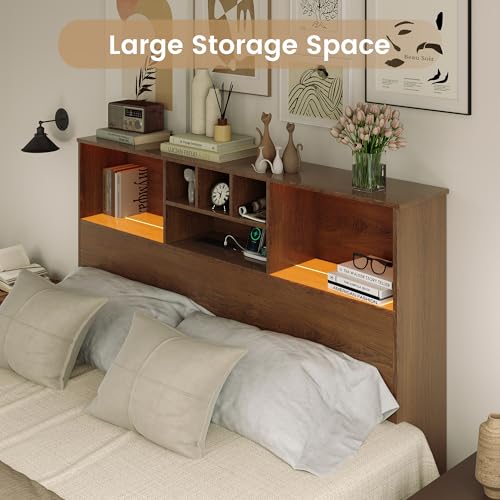 King Size Bed Headboard with LED Light and Storage Bookcase H72493
