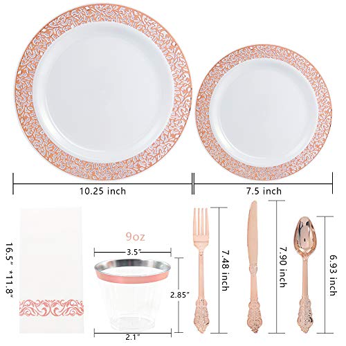 bUCLA 300PCS Gold Disposable Dinnerware Set - White and Gold Plastic Plates for Party S185