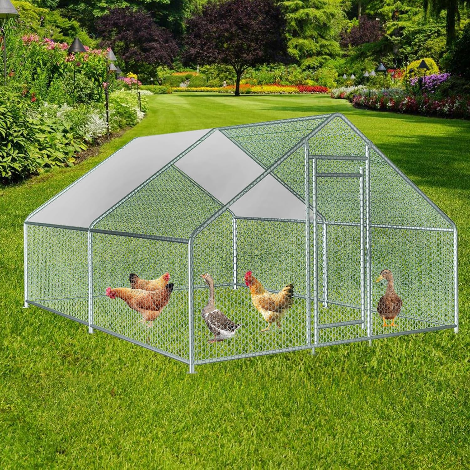 13x10x6.5 FT Metal Chicken Coop Walk in Chicken Run Cage for Chickens, Rabbits House, Duck House, Chicken Runs Poultry Cage for Yard with Waterproof Cover