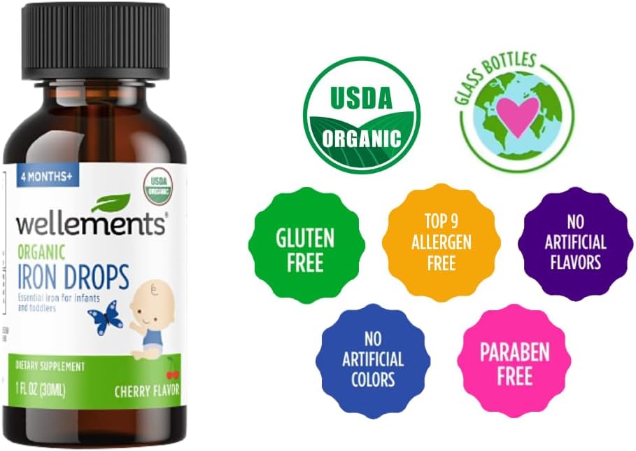 Wellements Organic Iron Drops for Babies, Cherry Flavor, 1 Fl Oz M699