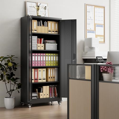 Aobabo 73''H Metal Garage Storage Cabinet with Wheels, Black S572804