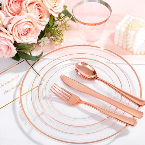 bUCLA 300PCS Gold Disposable Dinnerware Set - White and Gold Plastic Plates for Party S185