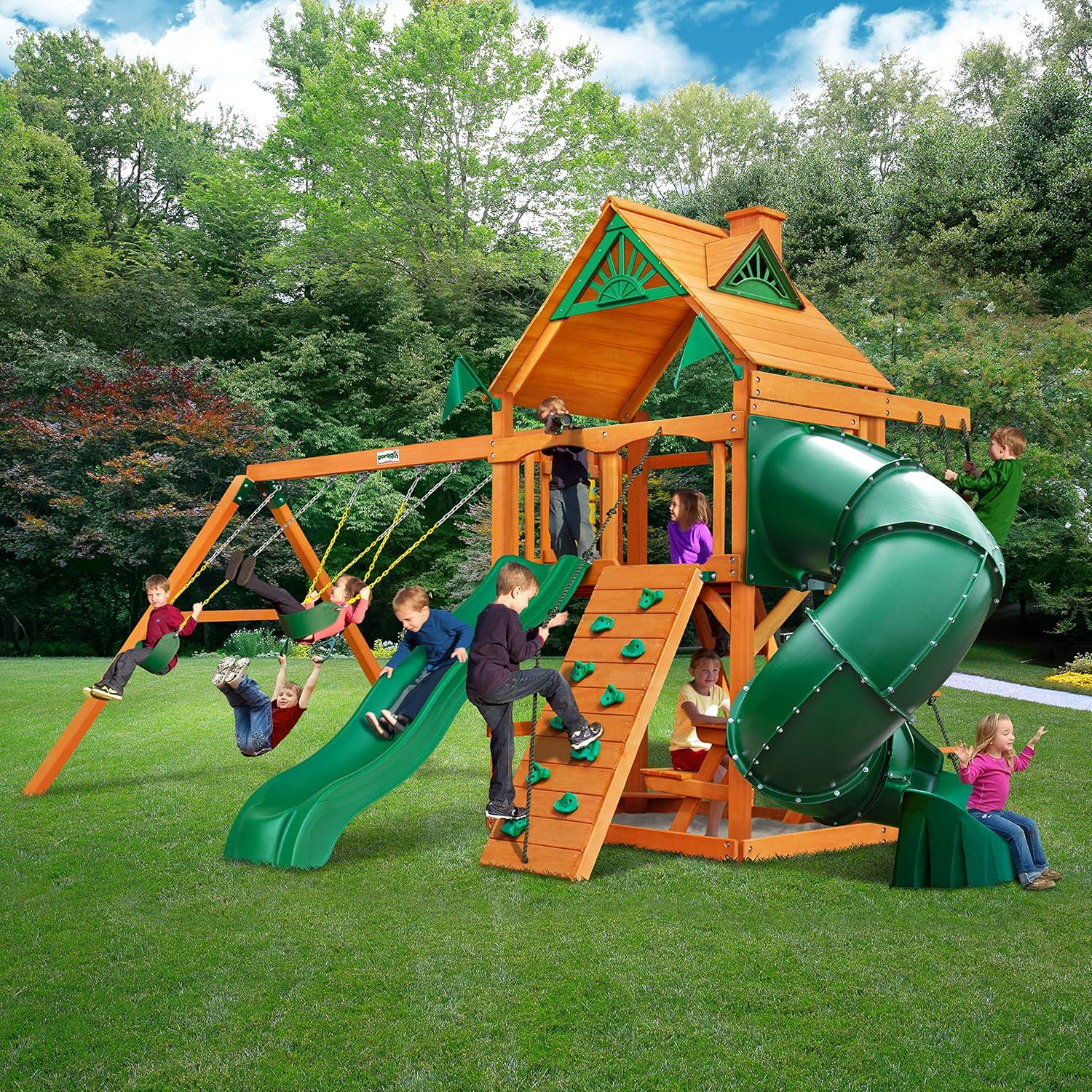 Gorilla Playsets Mountaineer Wooden Swing Set with Two Slides, Brown L164
