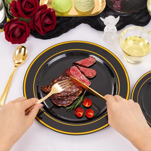 bUCLA 300PCS Gold Disposable Dinnerware Set - White and Gold Plastic Plates for Party S185