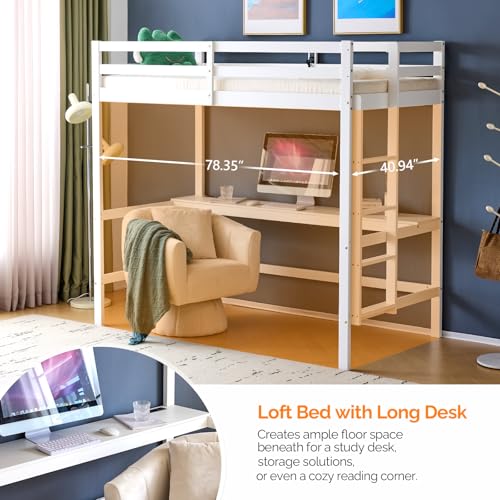 VINGLI Twin Loft Bed with L-Shaped Desk, 3 Storage Drawers, Solid Wood, White W24917