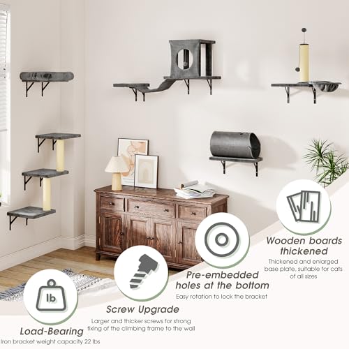 NUNU LAB Wall Mounted Cat Furniture Set 7 Pcs with Scratching Post - Light Gray P6315