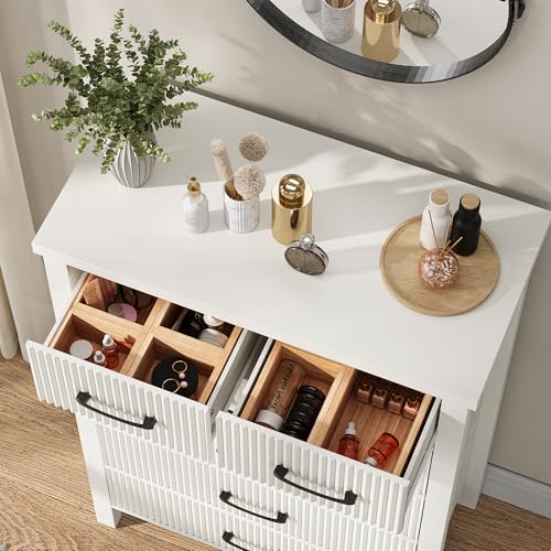 Fluted 6 Drawers Dresser for Bedroom, Tall Boho Chest with Metal Handle, Natural Oak S427
