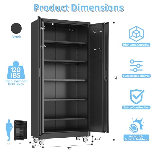 Aobabo 73''H Metal Garage Storage Cabinet with Wheels, Black S572804
