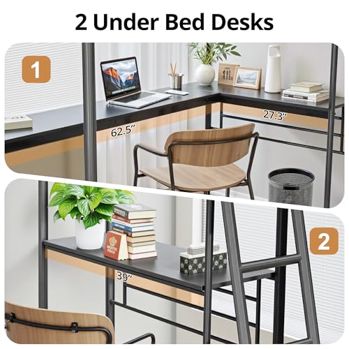 Twin L-Shaped Loft Bed with 2 Built-in Desks, Metal Frame, Black L216334