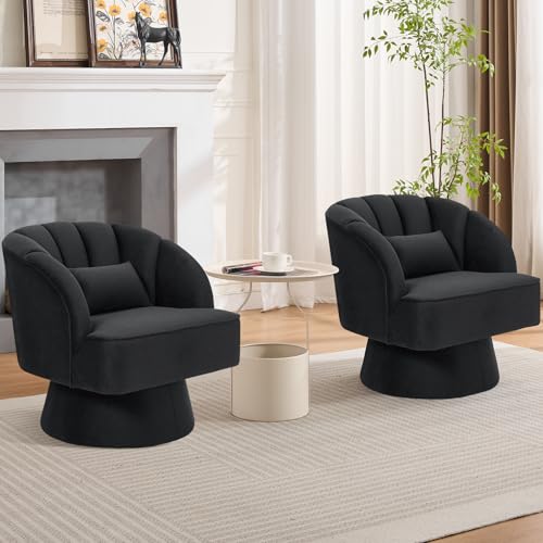 GarveeHome Modern Swivel Barrel Accent Chair, Teddy Fabric Upholstered Armchair, Black W334223