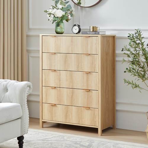 Fluted 5 Drawers Dresser for Bedroom, Wooden Tall Storage, Walnut L1075