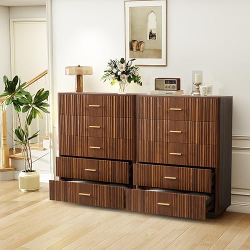 Fluted 5 Drawers Dresser for Bedroom, Wooden Tall Storage, Walnut L1075