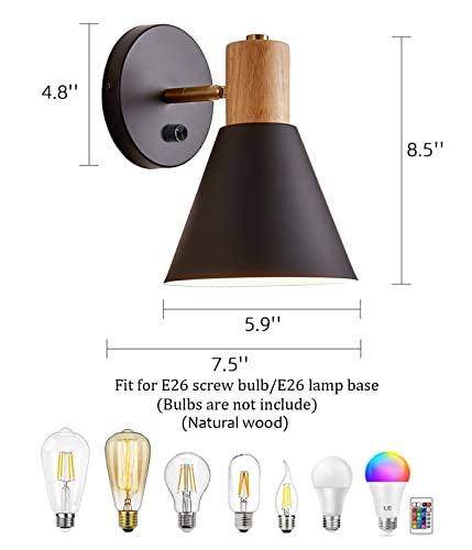 Plug in Wall Sconce, Dimmable Wood Style Reading Lamp, Black O467