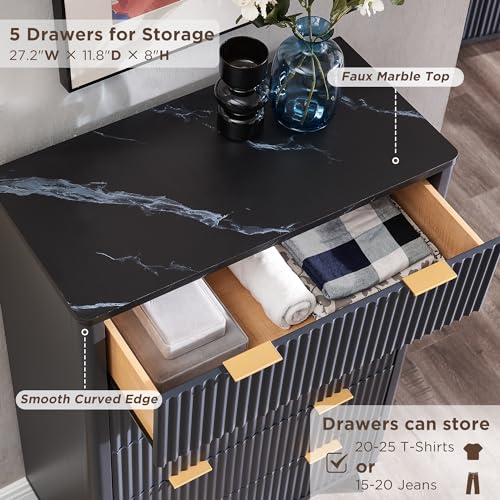 T4TREAM 5 Drawer Dresser with Faux Marble Top, Dark Grey T583