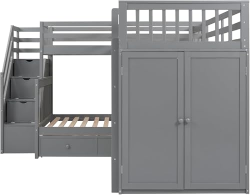 MERITLINE Twin Over Full Triple Bunk Bed with Storage Stairs, Solid Wood, Grey R998