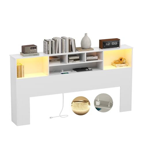 King Size Bed Headboard with LED Light and Storage Bookcase H72493