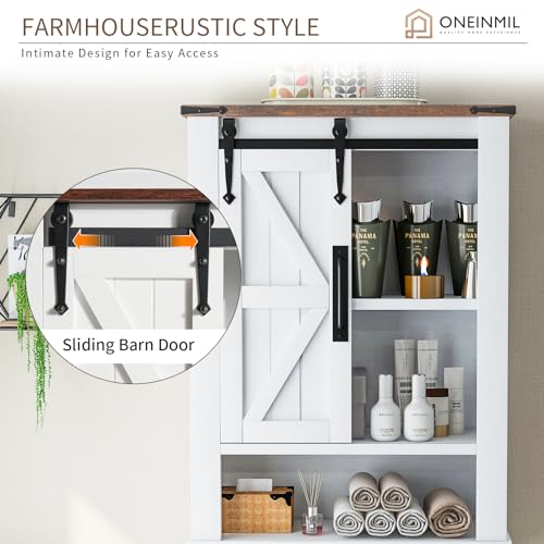 oneinmil Over The Toilet Storage Cabinet, Farmhouse White with Barn Doors B300
