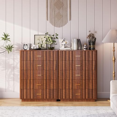 Fluted 5 Drawers Dresser for Bedroom, Wooden Tall Storage, Walnut L1075