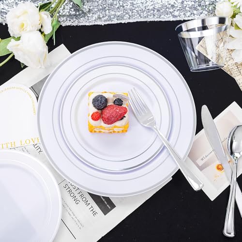 bUCLA 300PCS Gold Disposable Dinnerware Set - White and Gold Plastic Plates for Party S185