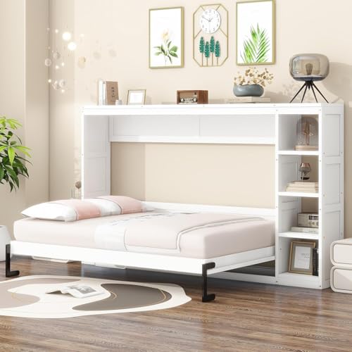 Full Murphy Bed with Storage Shelves, White Z979