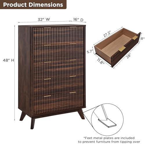 T4TREAM 5 Drawer Dresser with Faux Marble Top, Dark Grey T583