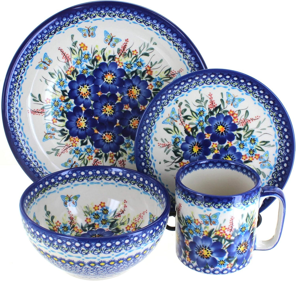 Blue Rose Polish Pottery Garden of Blue 4 PC Place Setting - Service for 1