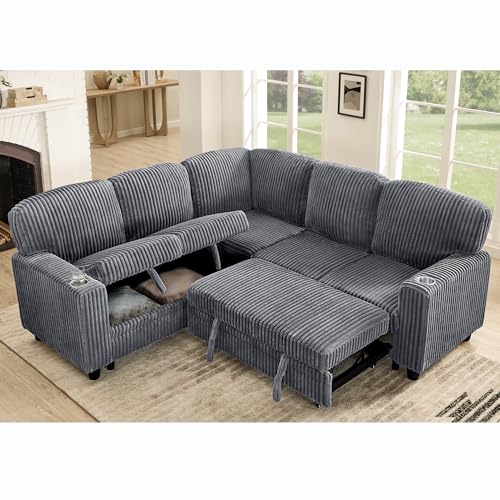 L-Shaped Pull Out Sleep Sofabed with Storage Chaise, Chenille Upholstered X30892