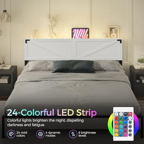 Queen Size Headboard with 2 Outlets and 4 USB Ports, LED Lights, White and Black H382