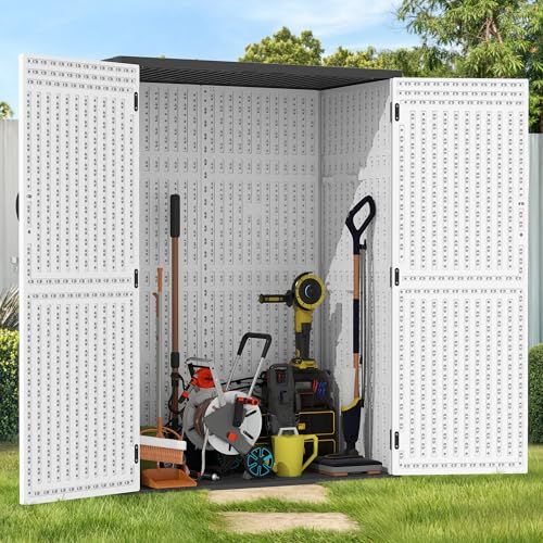GOOBED Vertical Outdoor Storage Shed, 59 cu ft Lockable Waterproof Tool Organizer, Brown L70366