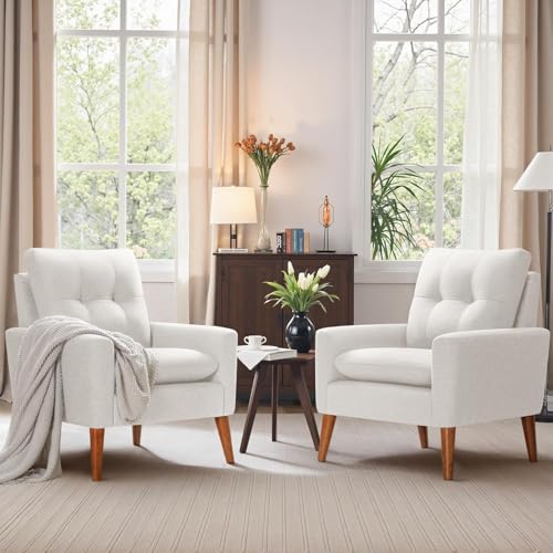 JUMMICO Mid Century Accent Chair with Wood Legs, Pearl White, Set of 2 W90764