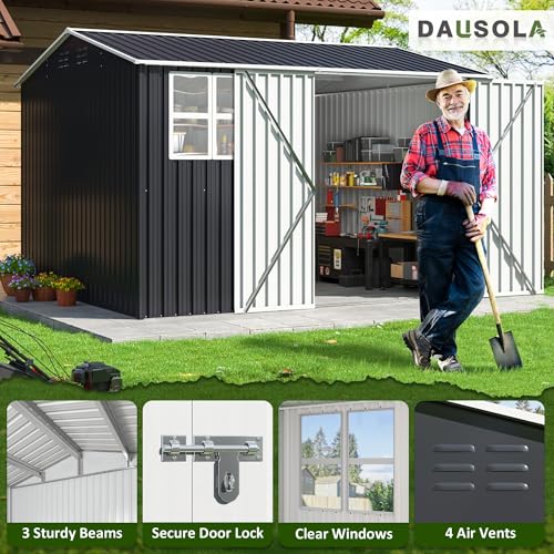 10x10 FT Outdoor Metal Storage Shed with Lockable Doors, Grey Q804763